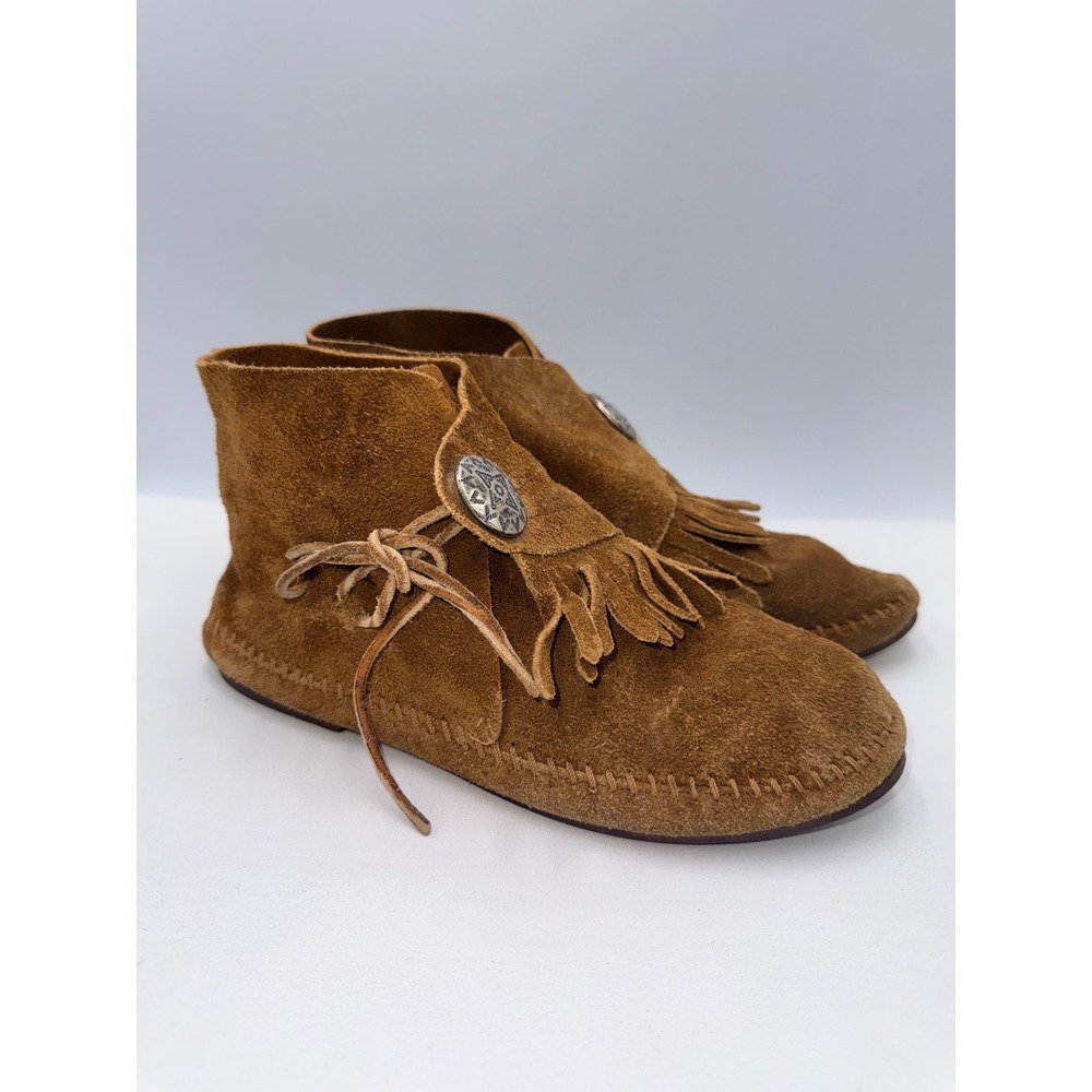 Minnetonka Moccasin Ankle Boots Women's Size 7 Brown Suede Fringe Concho
